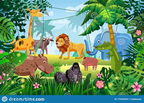 Cute Set Animals In Jungle Tropical Rainforest Background Landscape. Lion, Giraffe, Gorilla ...