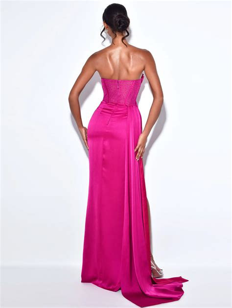 Holly Fuchsia Crystallized Corset High Slit Satin Gown Miss Circle