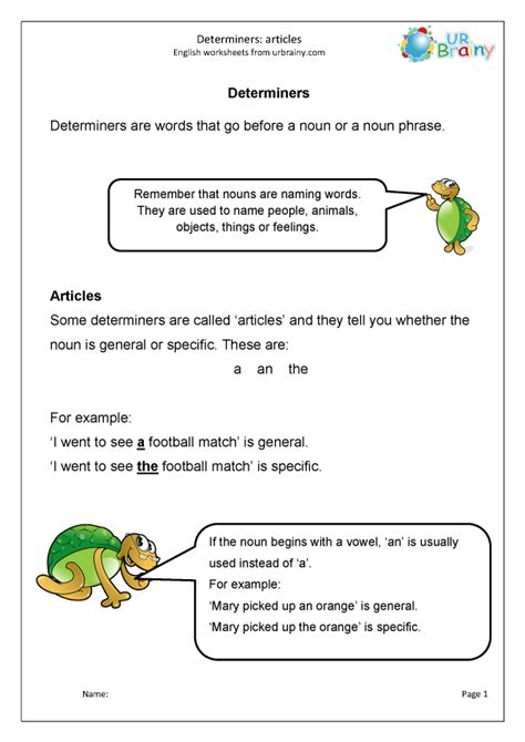 Teaching definite and indefinite articles. Determiners: articles - Words and Sentences by URBrainy.com