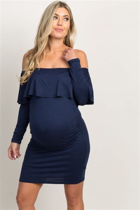 Navy Ruffle Trim Off Shoulder Fitted Maternity Dress Plus Size