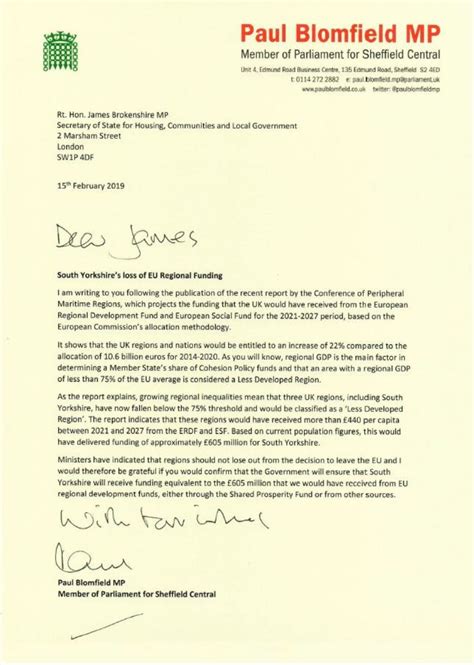 Free cover letter example written for secretary positions. My call to Government to replace lost EU Cash - Paul Blomfield