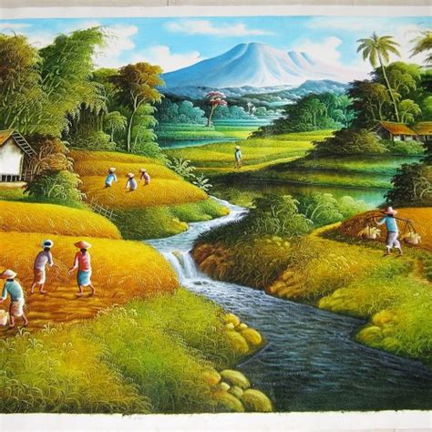 Lukisan Pemandangan Sawah Padi Di Kampung Jual Lukisan Pemandangan
