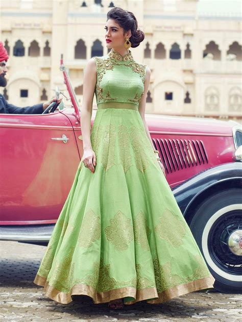 Collection by fashions by india. Light Green Raw Silk Embroidered Anarkali Suit | Party wear gowns online, Gowns, Lehenga gown