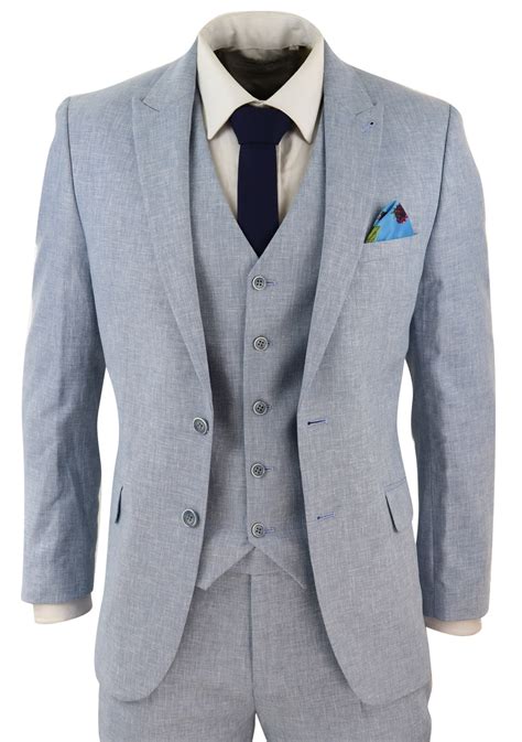 Mens Light Blue 3 Piece Linen Suit Buy Online Happy Gentleman