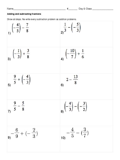 Adding And Subtracting Fractions With Negative Numbers Worksheets