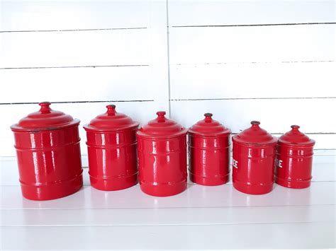 Unique Vintage Red Enamel Storage Jars With Lid • Farmhouse Enamel