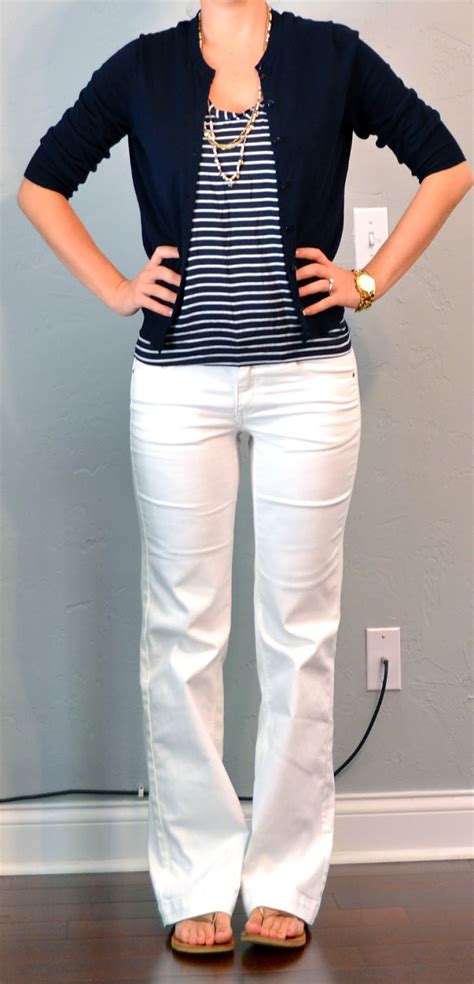 outfit post striped tank navy cardigan white jeans