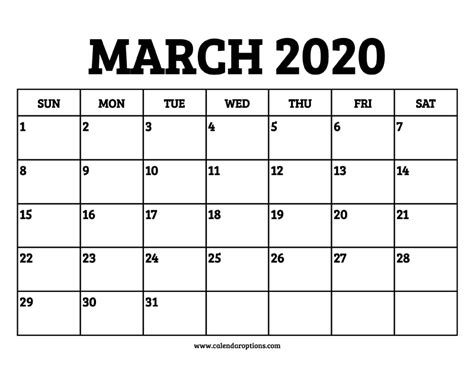 Printable March 2020 Calendar With Week Numbers