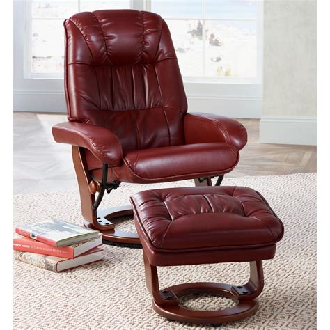 benchmaster kyle ruby red faux leather ottoman and swiveling recliner
