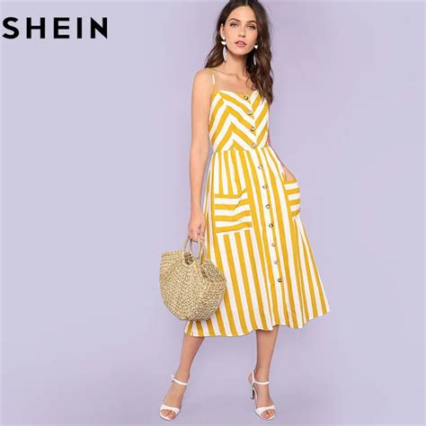Shein Striped Spaghetti Strap High Waist Mid Calf Dresses Women 2018