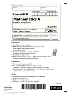 If you don't have an edexcel online account, please contact your exams officer. Maths Edexcel June 2012 Calculator Paper - Document in GCSE Mathematics