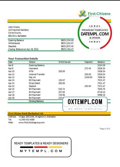 Barbados First Citizens bank statement template in Excel and PDF format gambar png