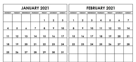 January February 2021 Calendar Printable Blank Template