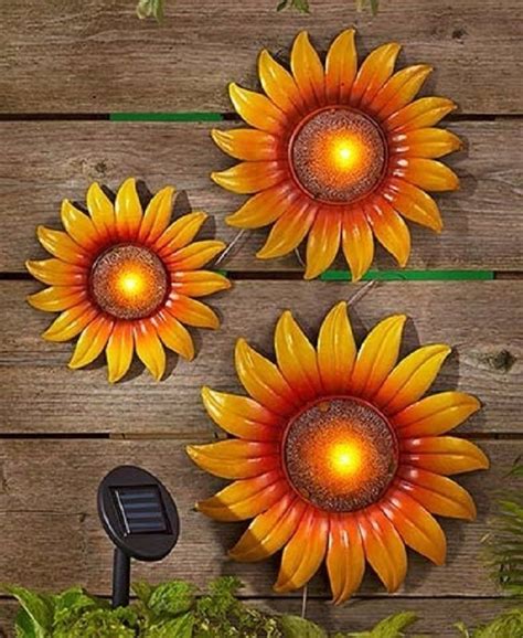 Set 3 Sunflower Floral Garden Wall Art Solar Light Metal Fall Decor New