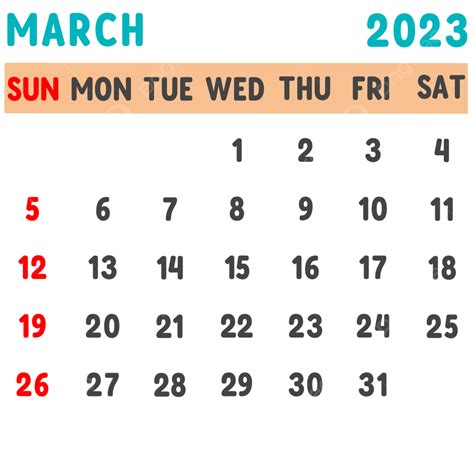 2023년 3월 달력의 심플한 디자인 일러스트 2023년 3월 달력 클립 아트 달력 2023 Png 일러스트 및 Psd