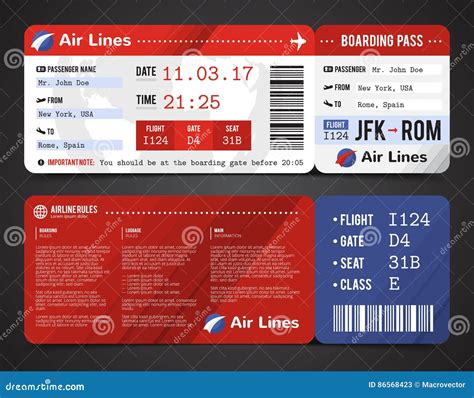 Realistic Boarding Pass Airplane Ticket Template Flight Blank Invitation Front And Back View