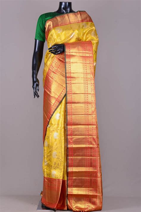 Yellow And Gold Dual Tone Kanchipuram Silk Zari Woven Saree Vj1889 Saree Saree Look