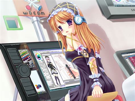 Wallpaper Drawing Blonde Anime Monitor Headphones Pen Comics Girl Games Screenshot