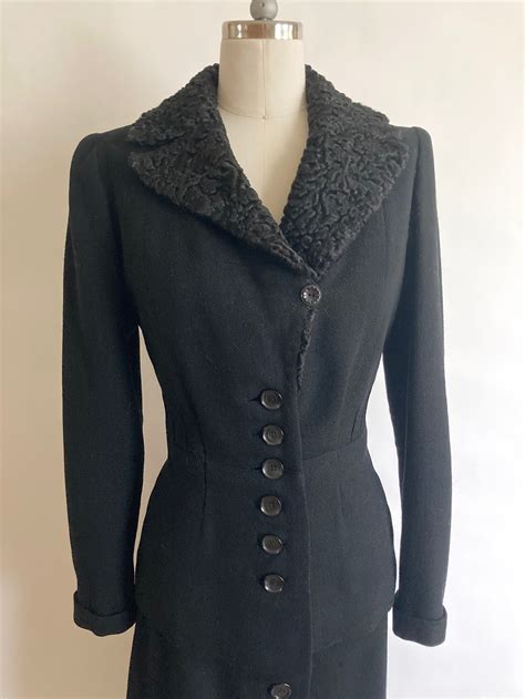 S Bonwit Teller Fifth Ave New York Black Wool Suit With Persian Lamb Collar Rw Etsy