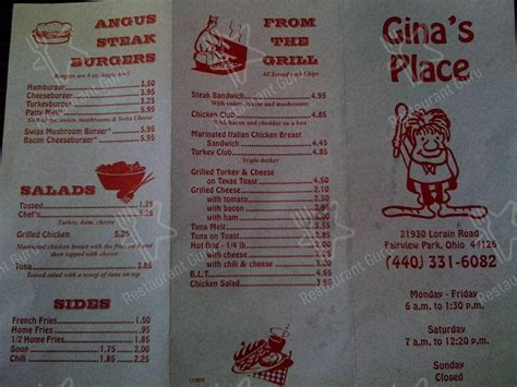 Menu At Ginas Place Restaurant Fairview Park