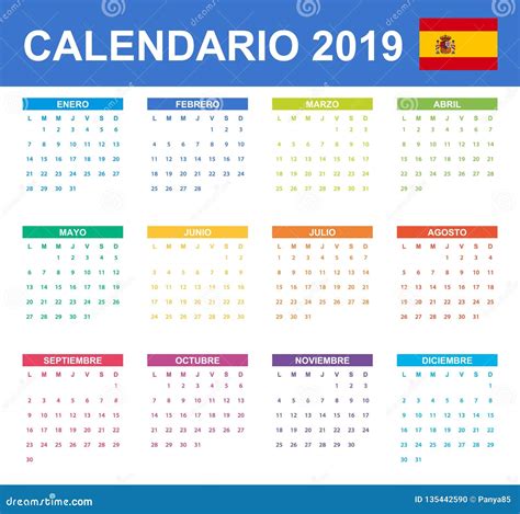 Spanish Calendar For 2019 Scheduler Agenda Or Diary Template Stock