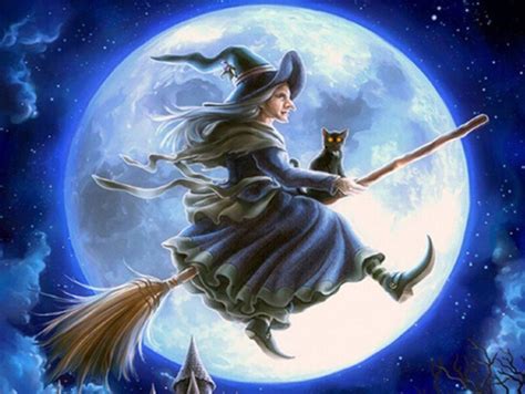 Halloween Witch And Cat On Broom All Diamond Painting