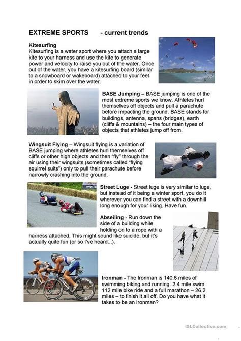 Képtalálat a következőre extreme sport worksheet Extreme sports Reading comprehension for