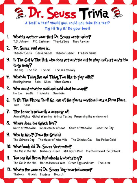 There are printable quizzes in pdf format, or you can find the ones you like and copy and paste them to a document. Dr. Seuss Trivia Perfect for Baby Showers Bridal Showers