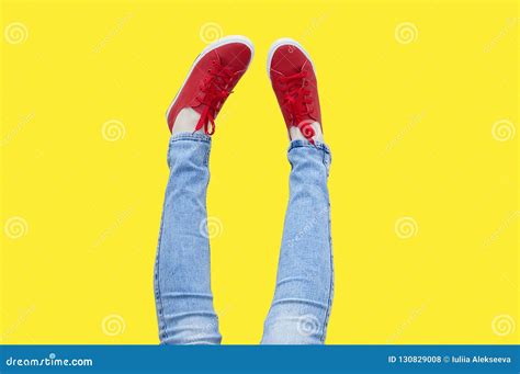 Women Legs Up In Red Sneakers Stock Photo Image Of Casual Women