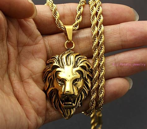 43mm 30mm Yellow Gold Tone Lion Head Pendant Bilker Male Necklace 316l Stainless Steel Fashion