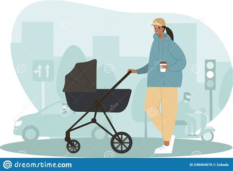 Young Mother With A Baby Stroller Walking Down The Street Mom Or