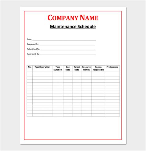 Machine Maintenance Schedule Excel Template ~ Ms Excel Templates