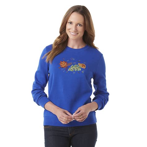 Basic Editions Womens Embroidered Sweatshirt Leaves