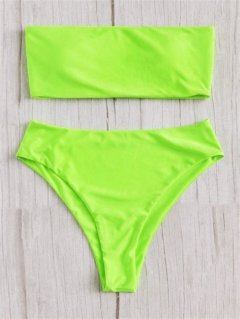 Neon Lime Green Bandeau Swimsuit With High Waist Bikini Bottom
