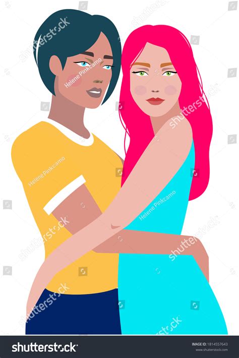 Young Beautiful Happy Lesbian Couple Embracing Stock Illustration