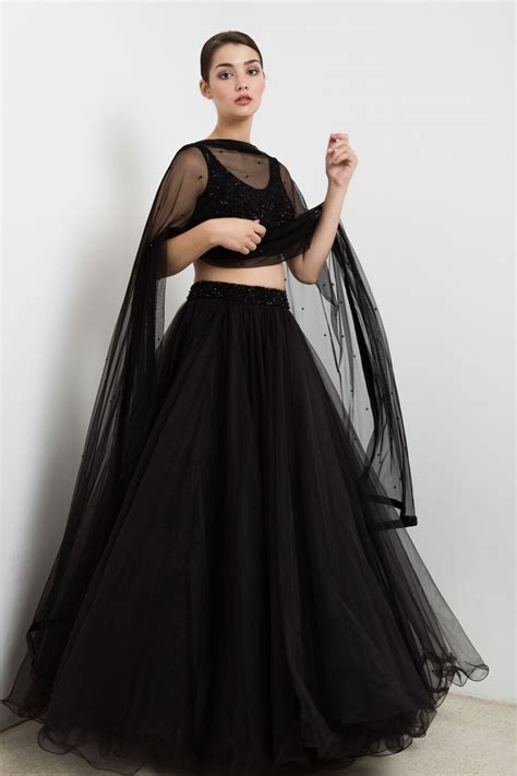 Black Lehenga In Tulle With An Embroidered Crop Top Indian Outfits Lehenga Dress Indian Style