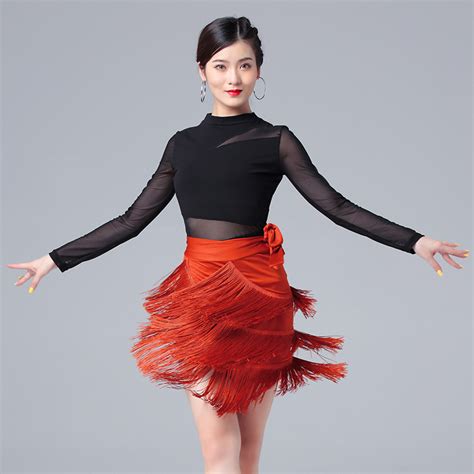 Latin Dance Dress For Women Mesh Sleeve Long Sleeve Top Tassel Skirt Performance Costume Women