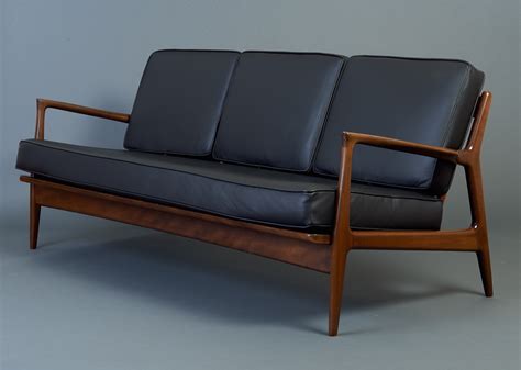 Sleek Danish Modern Sofa By Ib Kofod Larsen In Teak And Black Leather