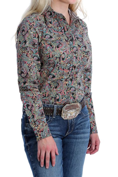 Cinch Jeans Womens Chocolate Brown Paisley Print Button Down Western