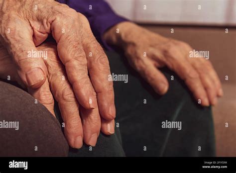 Elderly Marriage Couple Close Up Aged Hands Unrecognizable Caucasian