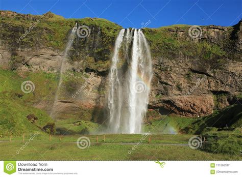 Rainbow And Waterfall Seljalandsfoss In Iceland Stock Image Image Of