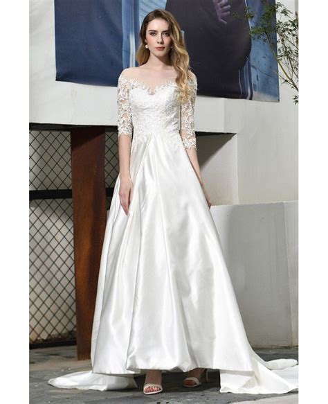 Ivory Satin Wedding Dress Illusion Neck Half Lace Sleeves With Train