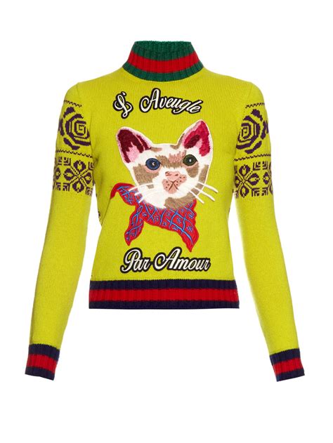 gucci cat appliqué wool sweater in yellow lyst