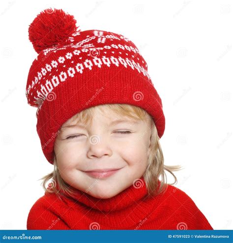 Happy Little Boy In Red Hat And Sweater Stock Image Image Of Adorable