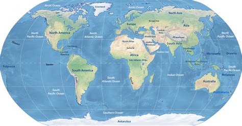 Labeled World Map With Oceans And Continents