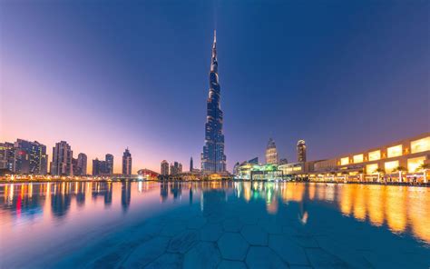 Wallpaper Uae Dubai Burj Khalifa City Water Skyscrapers Dusk
