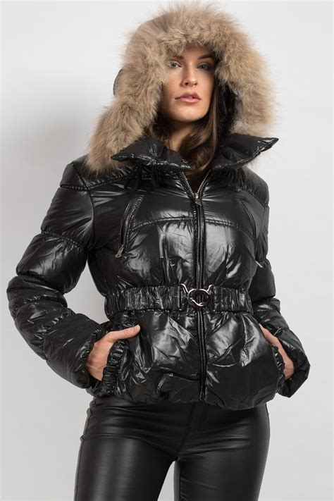 Shiny Puffer Coat With Fur Hood Belted Uk