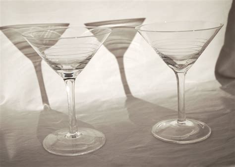 2 Vintage Martini Glasses With Simple Etched Stripes Mid Century