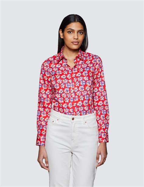 Womens Red And Purple Floral Print Semi Fitted Cotton Stretch Shirt
