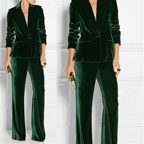 Dark Green Women Velvet Pants Suit 2 Suits For Women Business